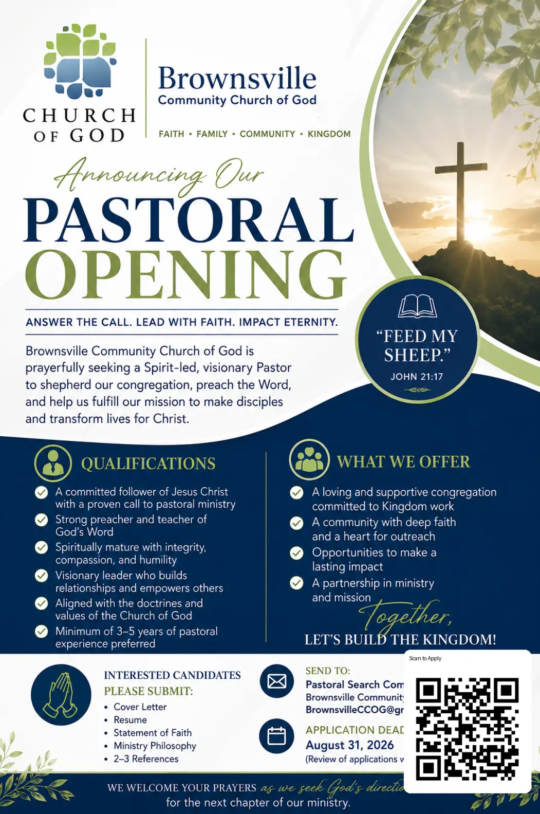 Brownsville Community Church of God Pastoral Opening Summerville SC